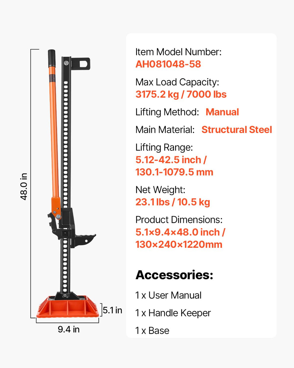 VEVOR Farm Jack with Base, 48" Utility High Lift Farm Jack, 3.18 Ton (7,000 lbs) Capacity Ratcheting Off Road Utility Jacks, Heavy-Duty Lift Jacks with 5.12"-42.5" Lifting Range for Tractor, Truck,SUV