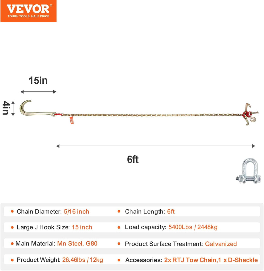 VEVOR J Hook Chain, 2PCS 5/16" x 6' G80 15" Long Shank J Hook Tow Chain with RTJ Cluster Hook & Grab Hook, 5400 lbs Working Load, Heavy Duty Transport Truck Chain for Wrecker Recovery Trailer Towing