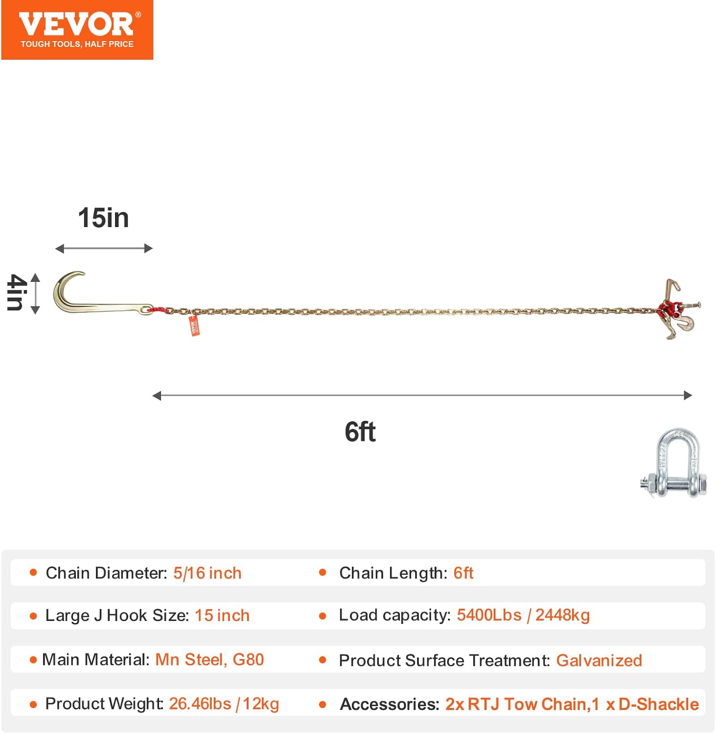 VEVOR J Hook Chain, 2PCS 5/16" x 6' G80 15" Long Shank J Hook Tow Chain with RTJ Cluster Hook & Grab Hook, 5400 lbs Working Load, Heavy Duty Transport Truck Chain for Wrecker Recovery Trailer Towing