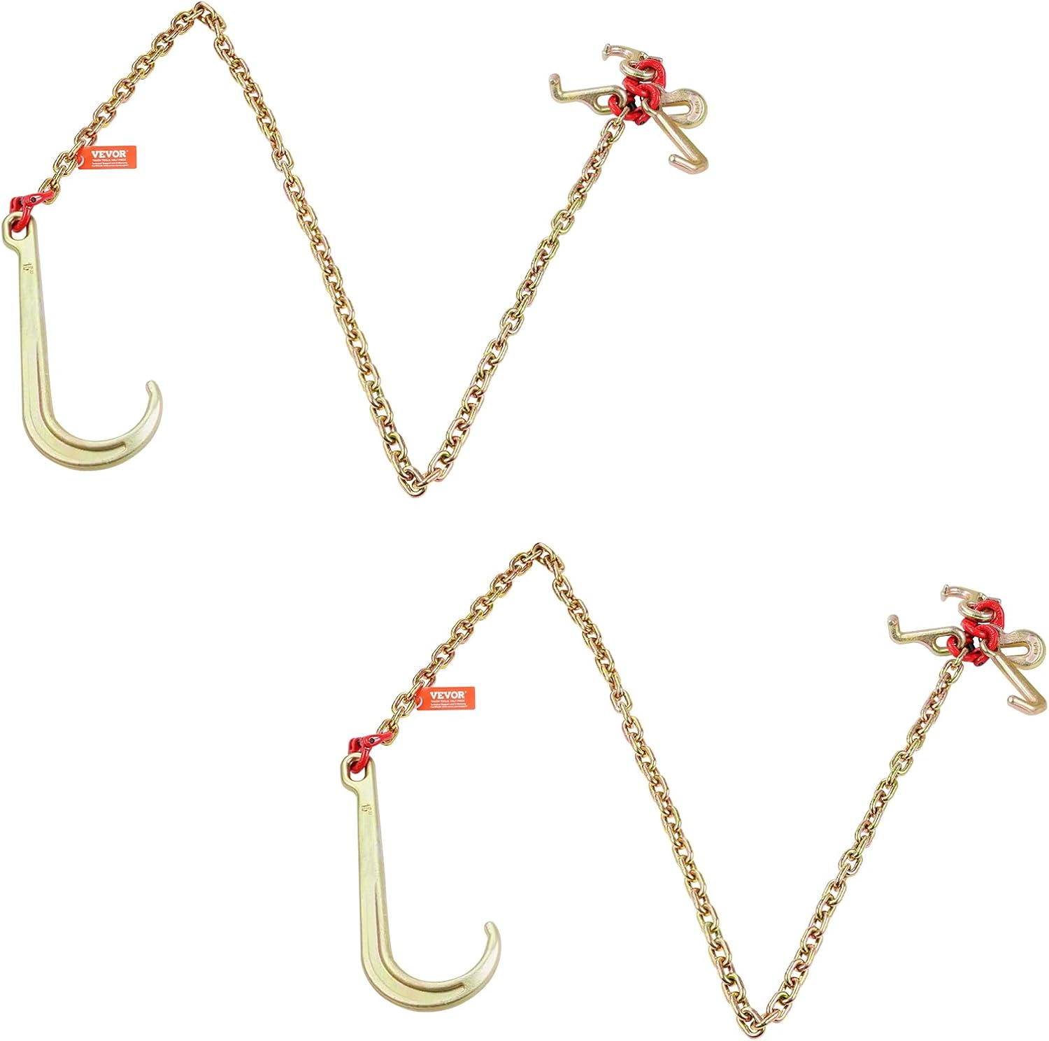 VEVOR J Hook Chain, 2PCS 5/16" x 6' G80 15" Long Shank J Hook Tow Chain with RTJ Cluster Hook & Grab Hook, 5400 lbs Working Load, Heavy Duty Transport Truck Chain for Wrecker Recovery Trailer Towing