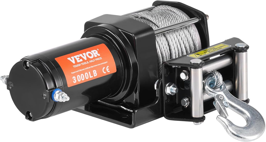 VEVOR ATV Winch, 3000 lb Electric Winch, 12V Small ATV UTV Winch with 3/16 in x 39 ft Steel Cable Roller Fairlead Wired Remote Control, IP55 Waterproof for Towing UTV ATV Car Vehicle Off-Road