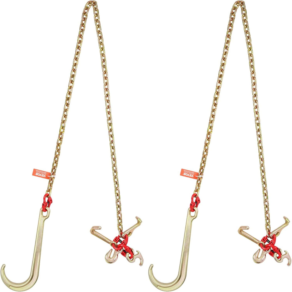 VEVOR J Hook Chain, 2PCS 5/16" x 6' G80 15" Long Shank J Hook Tow Chain with RTJ Cluster Hook & Grab Hook, 5400 lbs Working Load, Heavy Duty Transport Truck Chain for Wrecker Recovery Trailer Towing