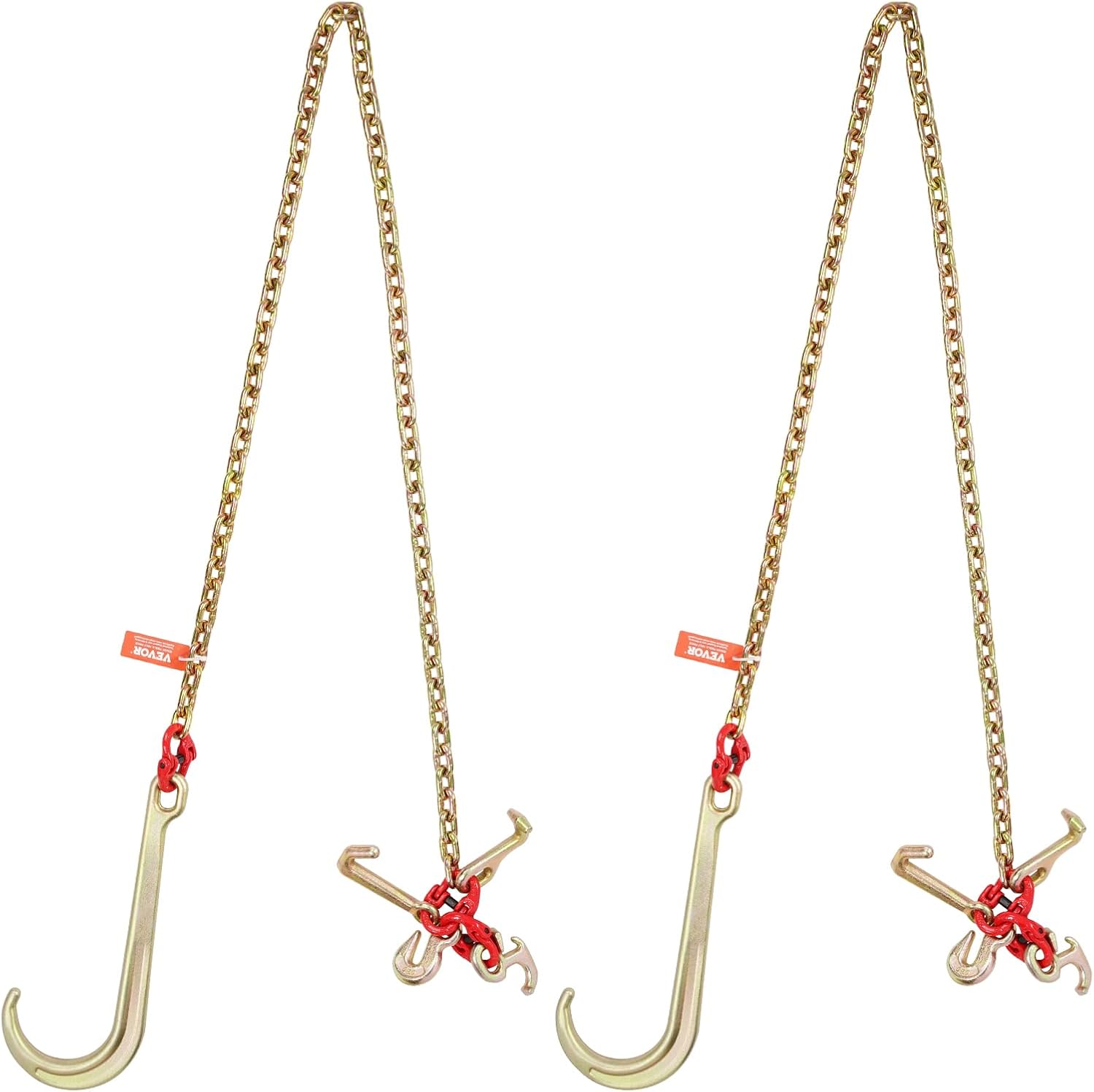 VEVOR J Hook Chain, 2PCS 5/16" x 6' G80 15" Long Shank J Hook Tow Chain with RTJ Cluster Hook & Grab Hook, 5400 lbs Working Load, Heavy Duty Transport Truck Chain for Wrecker Recovery Trailer Towing