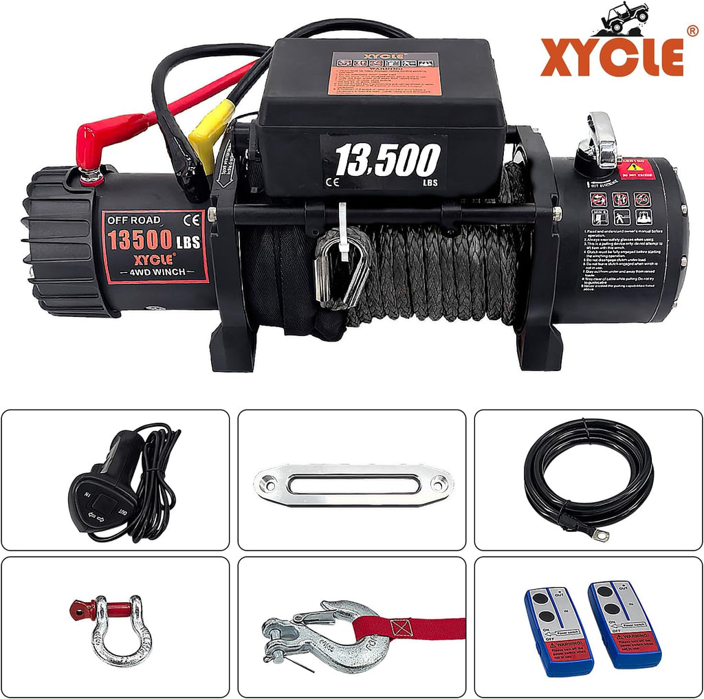 Winch13500lbs 12V Waterproof Electric Winch Synthetic Rope Truck Winch Towing Winch Boat Trailer Winch SUV 4-Wheel Drive Off-Road Vehicle with Remote Control 3/8 Synthetic Rope (Black)