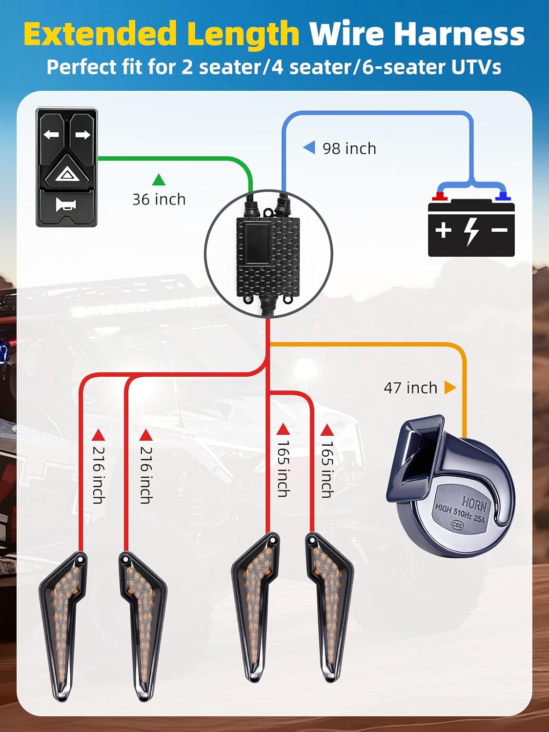 UTV Turn Signal Kit with 110D Horn, Pre-Wired, Plug & Play UTV Universal Street Legal Blinker kit with Integrated Rocker Switch, Compatible with Polaris, Can-Am, CFMOTO for Side By Side