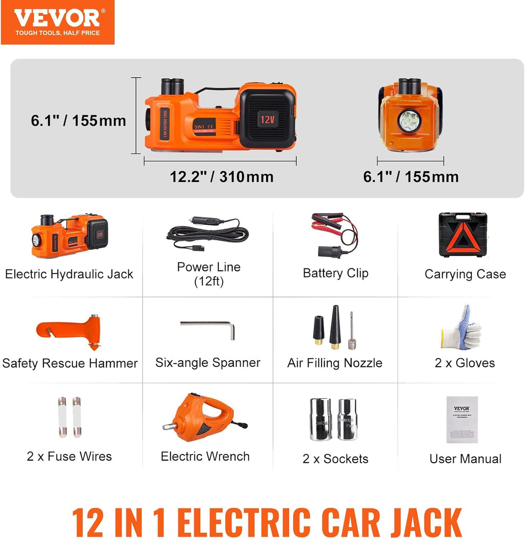 VEVOR Electric Car Jack, 5 Ton/11023 LBS Hydraulic Jack Lift with Electric Impact Wrench, Built-in Inflatable Pump, and LED Light for SUV MPV Sedan Truck Change Tires Garage Repair