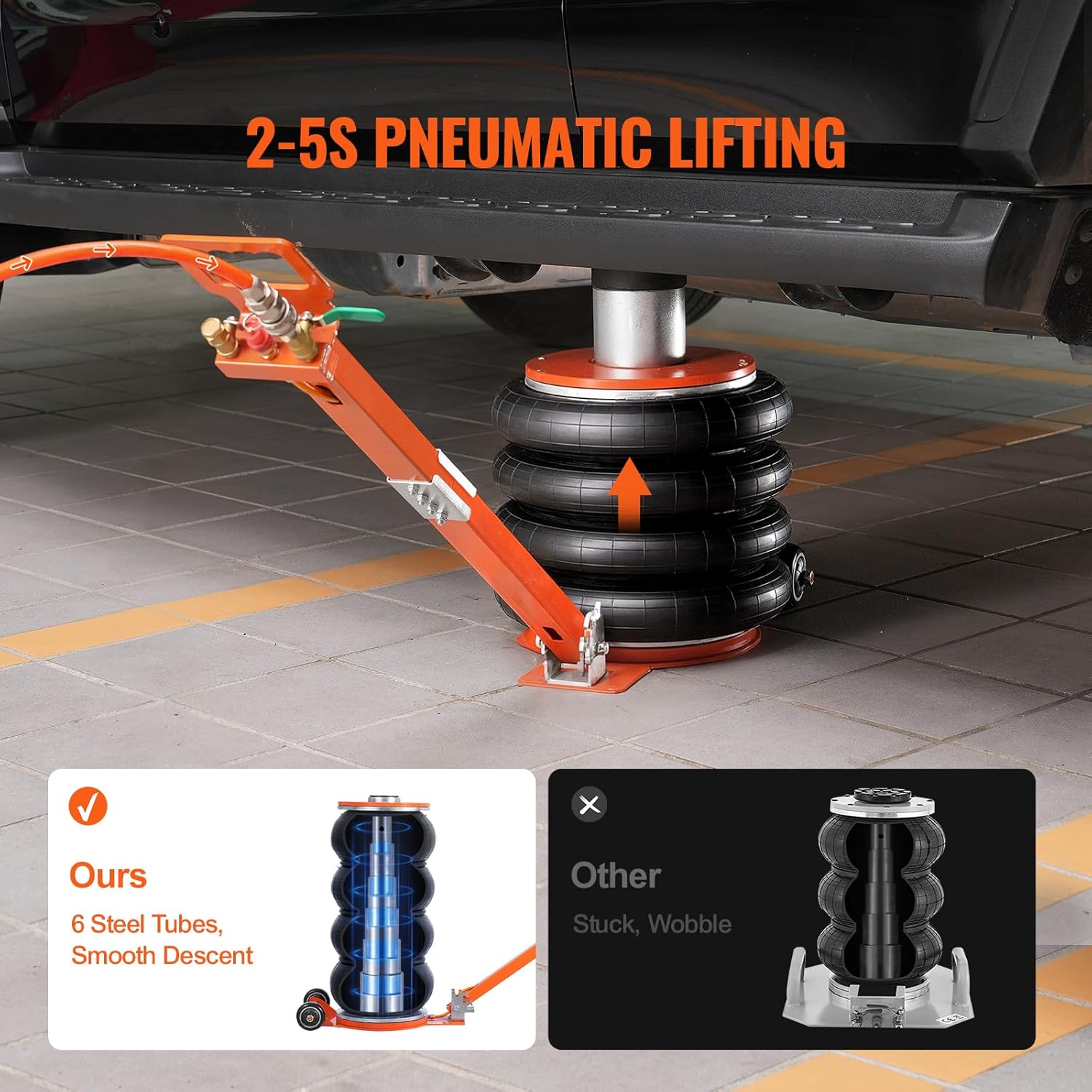 VEVOR Air Jack, 6 Ton/13000 lbs Quadruple Bag Air Jack, Lift up to 26.5", with Heightened Column & Adjustable Handle, Thick Rubber Pad, 2-5 S Fast Lifting Pneumatic Jack for Car, SUV, Pickup Truck