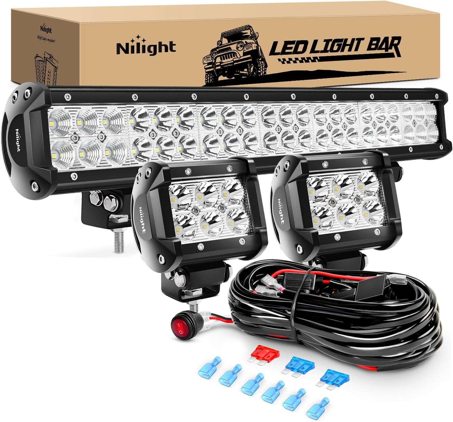 Nilight 20Inch 126W Spot Flood Combo Led Light Bar 4PCS 4Inch 18W Spot LED Pods Fog Lights with LED Light Bar Wiring Harness Kit for Truck Tractor Off-Road Pickup Golf Cart SUV ATV UTV 4x4 Van Camper