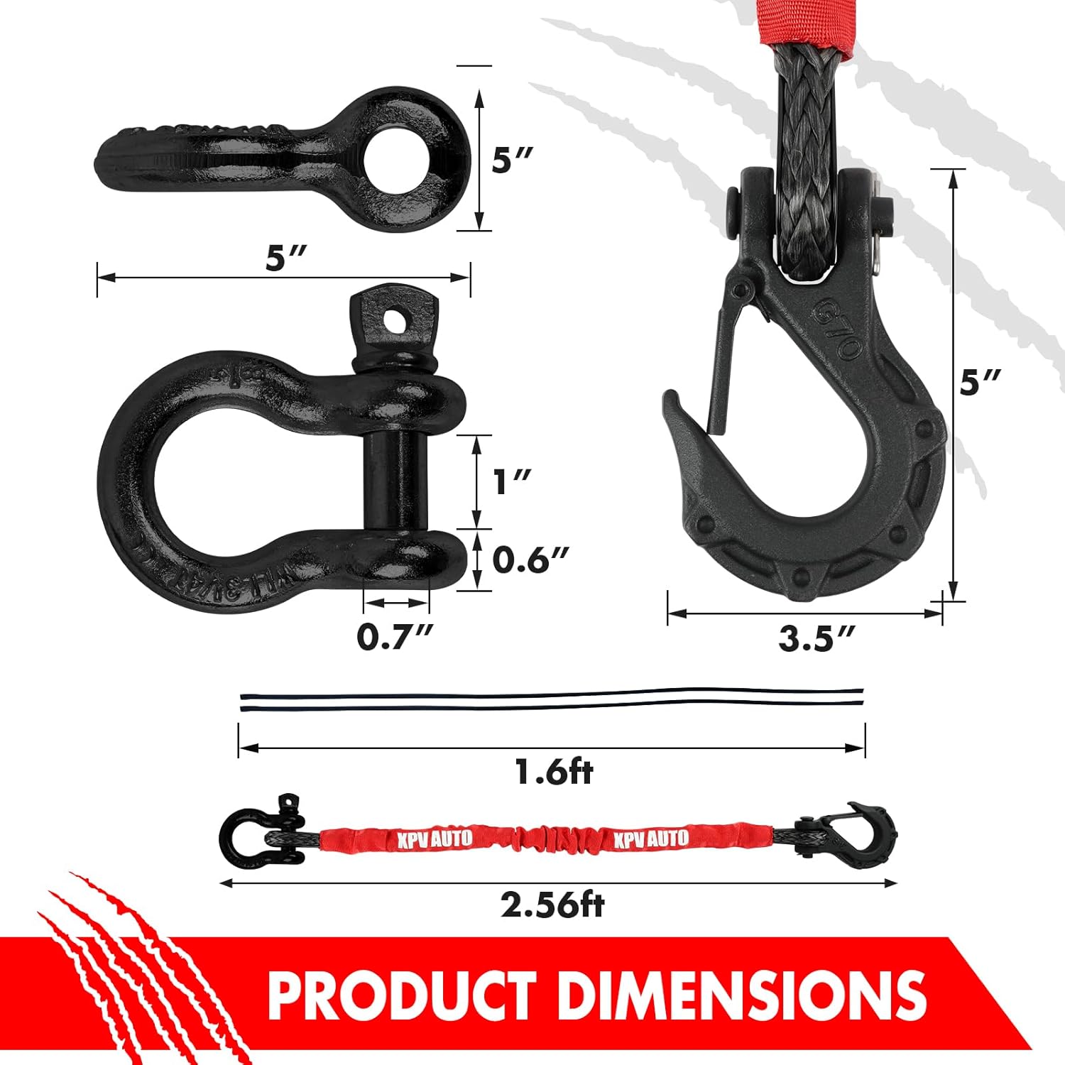 Recovery Strap (18,000lb.) 2FT with Winch Hook and D-Ring Shackle Synthetic Tow Recovery Rope for ATV Mud Recovery