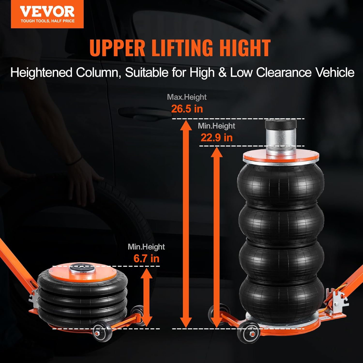 VEVOR Air Jack, 6 Ton/13000 lbs Quadruple Bag Air Jack, Lift up to 26.5", with Heightened Column & Adjustable Handle, Thick Rubber Pad, 2-5 S Fast Lifting Pneumatic Jack for Car, SUV, Pickup Truck