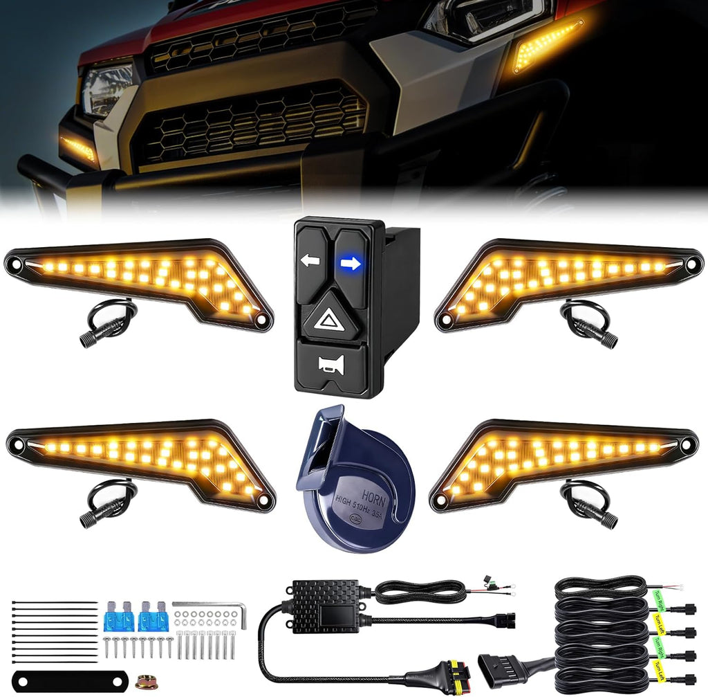 UTV Turn Signal Kit with 110D Horn, Pre-Wired, Plug & Play UTV Universal Street Legal Blinker kit with Integrated Rocker Switch, Compatible with Polaris, Can-Am, CFMOTO for Side By Side