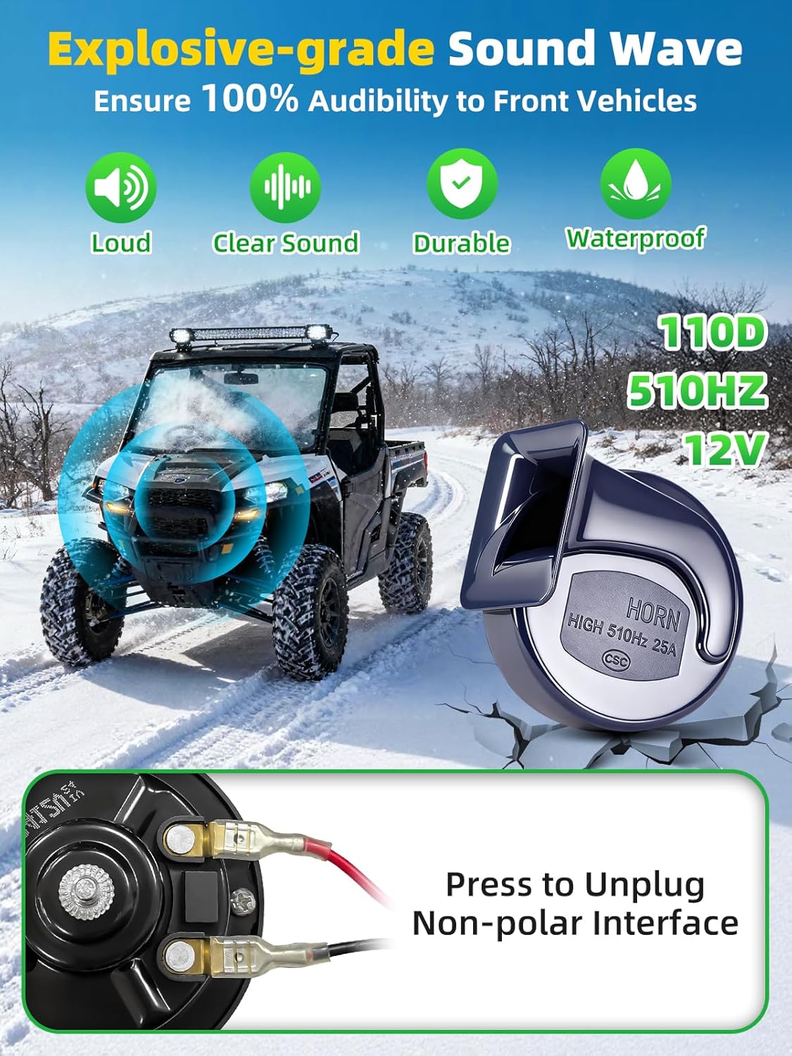 UTV Turn Signal Kit with 110D Horn, Pre-Wired, Plug & Play UTV Universal Street Legal Blinker kit with Integrated Rocker Switch, Compatible with Polaris, Can-Am, CFMOTO for Side By Side