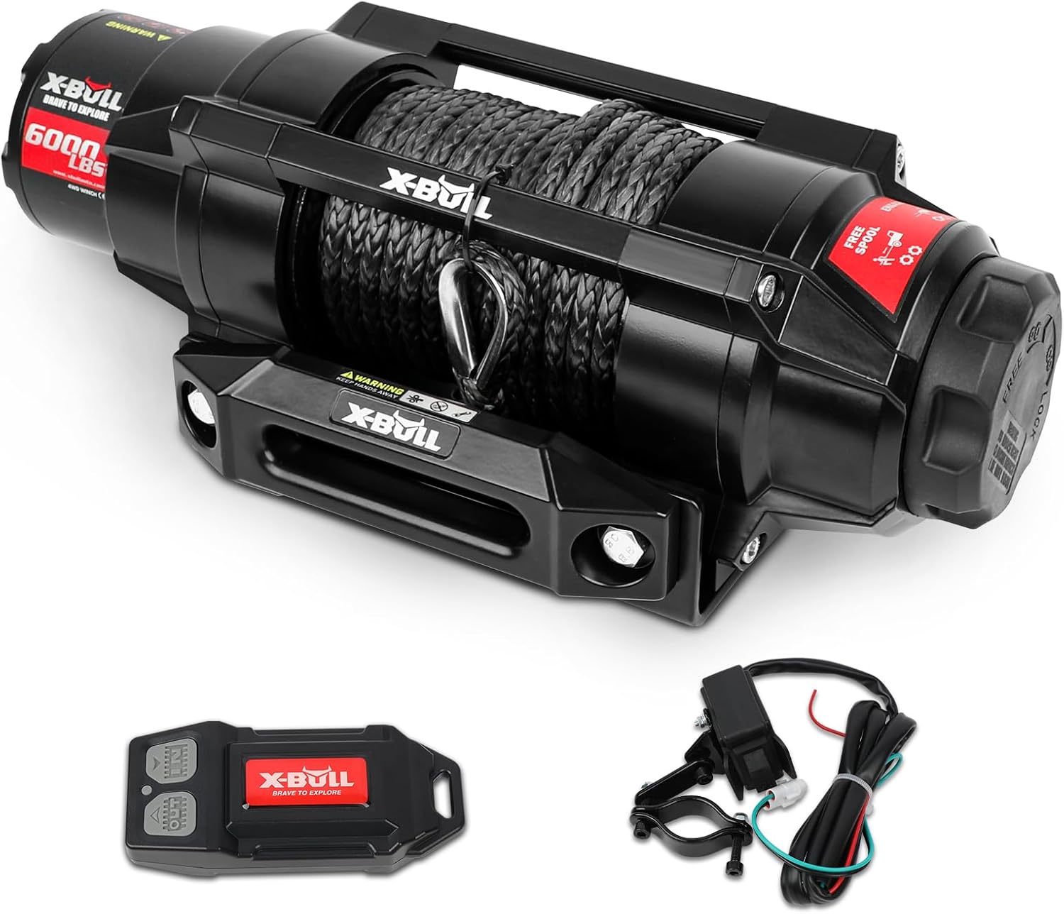 X-BULL New 12V DC 3000LBS IP68 Waterproof Electric Winch for Towing ATV/UTV, Boat, Off Road, Wireless Remote and Corded Control Recovery, Portable Synthetic Rope Electric Winch with Hawse Fairlead.