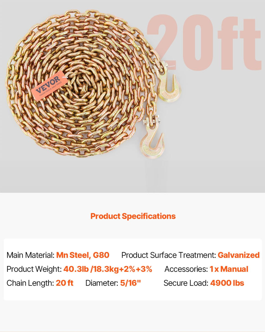 VEVOR Transport Binder Chain, 4900lbs Working Load Limit, 5/16''x20' G80 Tow Chain Tie Down with Grab Hooks, DOT Certified, Galvanized Coating Manganese Steel for Dock Factory Construction Site, 2Pack