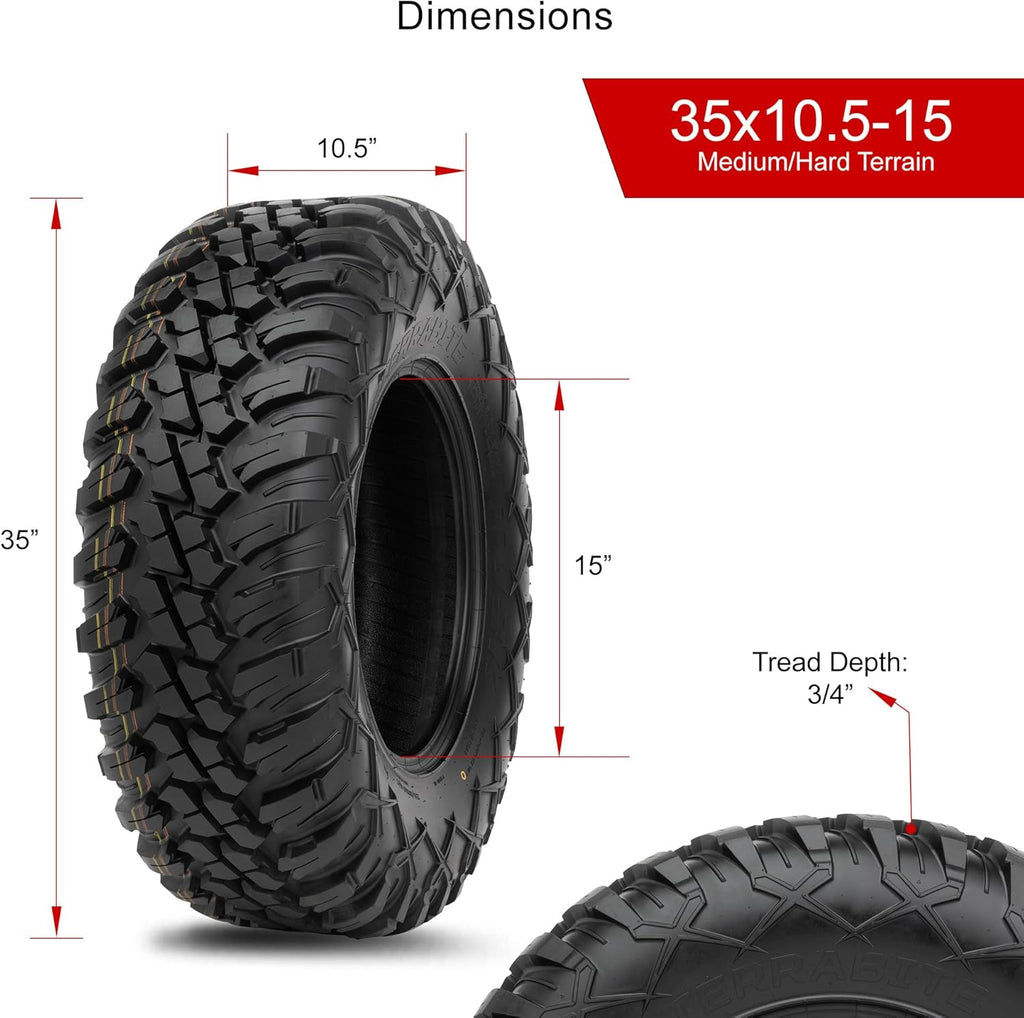 Set of 4 Tusk Terrabite® Radial Front & Rear Tires – 35x10.5-15 Front & Rear – 8-Ply Rated Radial Construction, ¾″ Deep Tread, Medium-Hard Terrain, Heavy Duty Sidewall Tread Armor, High Load Capacity