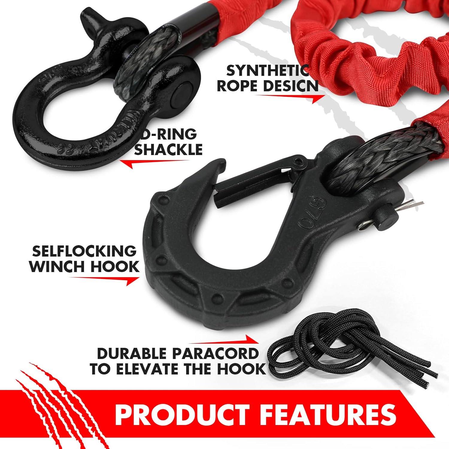 Recovery Strap (18,000lb.) 2FT with Winch Hook and D-Ring Shackle Synthetic Tow Recovery Rope for ATV Mud Recovery
