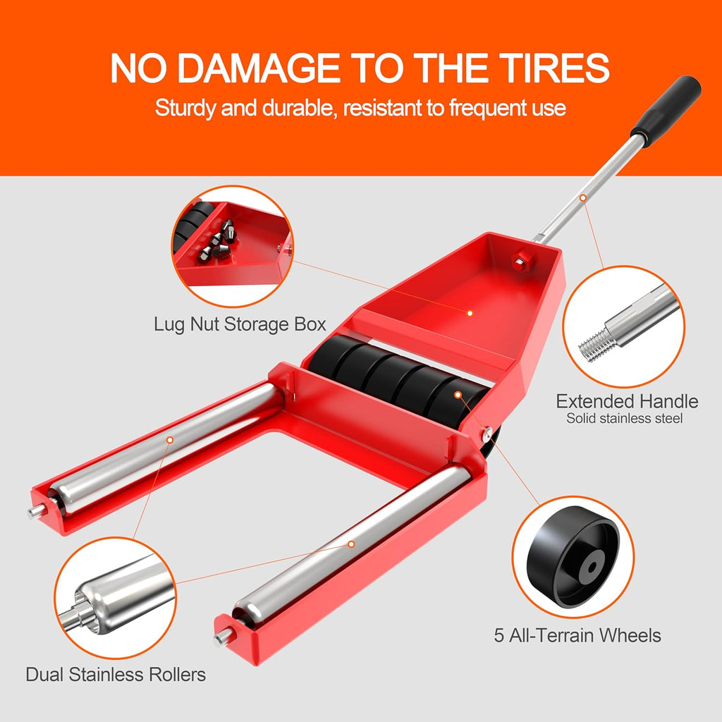 Pro Tire Lifter Cart - Pre-Assembled Wheel Dolly for Cars/SUVs/Trucks, Dual Stainless Rollers & 5 All-Terrain Wheels, Foldable Steel Frame, Lug Nut Organizer & Extended Handle (2-Year Warranty)