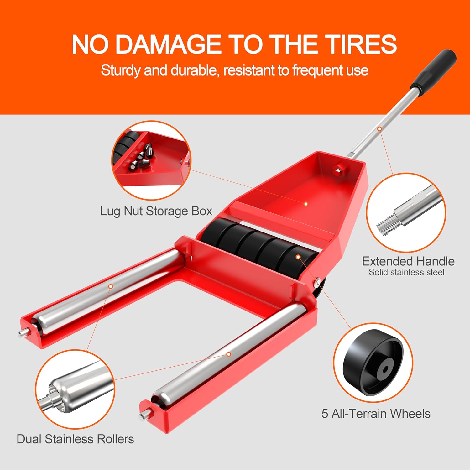 Pro Tire Lifter Cart - Pre-Assembled Wheel Dolly for Cars/SUVs/Trucks, Dual Stainless Rollers & 5 All-Terrain Wheels, Foldable Steel Frame, Lug Nut Organizer & Extended Handle (2-Year Warranty)