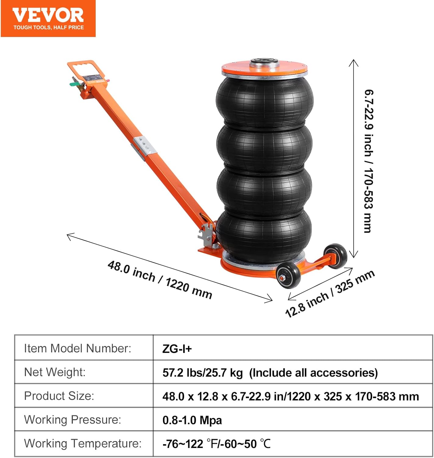 VEVOR Air Jack, 6 Ton/13000 lbs Quadruple Bag Air Jack, Lift up to 26.5", with Heightened Column & Adjustable Handle, Thick Rubber Pad, 2-5 S Fast Lifting Pneumatic Jack for Car, SUV, Pickup Truck