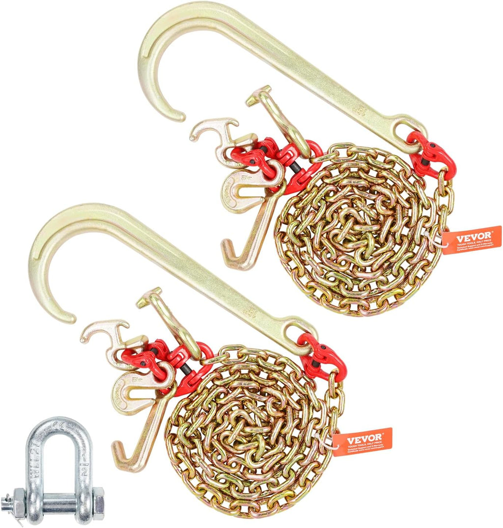 VEVOR J Hook Chain, 2PCS 5/16" x 6' G80 15" Long Shank J Hook Tow Chain with RTJ Cluster Hook & Grab Hook, 5400 lbs Working Load, Heavy Duty Transport Truck Chain for Wrecker Recovery Trailer Towing