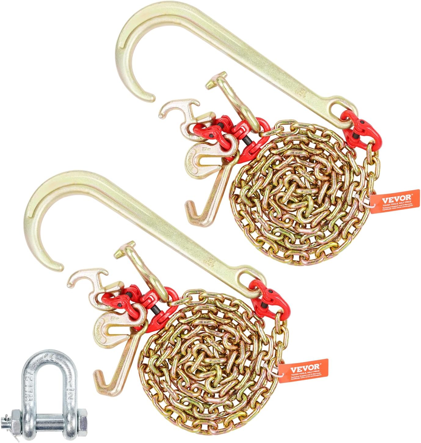 VEVOR J Hook Chain, 2PCS 5/16" x 6' G80 15" Long Shank J Hook Tow Chain with RTJ Cluster Hook & Grab Hook, 5400 lbs Working Load, Heavy Duty Transport Truck Chain for Wrecker Recovery Trailer Towing