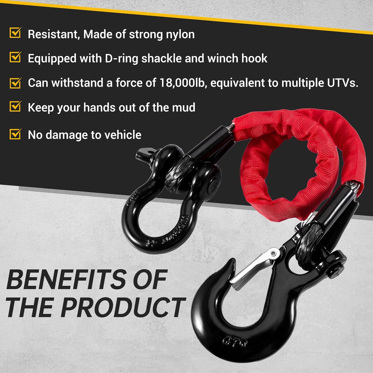 2FT ATV Recovery Strap 18000lb with Winch Hook and D Ring Shackle Synthetic Tow Recovery Rope with Loops Premium Mudding Accessories