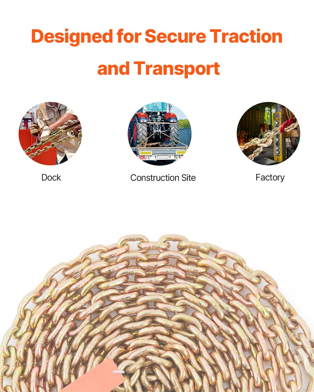 VEVOR Transport Binder Chain, 4900lbs Working Load Limit, 5/16''x20' G80 Tow Chain Tie Down with Grab Hooks, DOT Certified, Galvanized Coating Manganese Steel for Dock Factory Construction Site, 2Pack