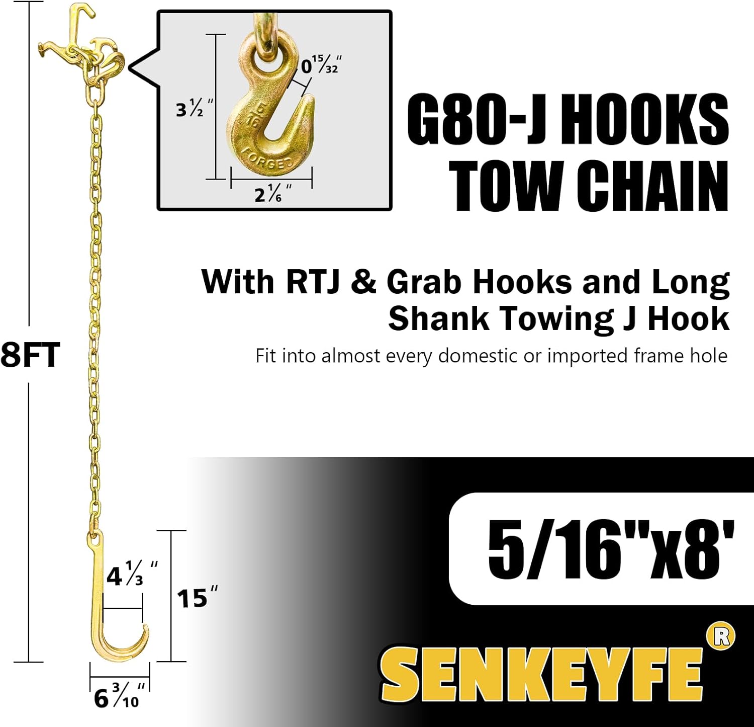 G80 j Hooks Tow Chain, 5/16" x 8' Recovery Tow Hooks Chain 15IN J Hook w/RTJ & Grab Hook, 18800LBS Tow Truck Accessories J Hooks, Bridle Tow Transport Chain, Wrecker Towing Truck Equipment