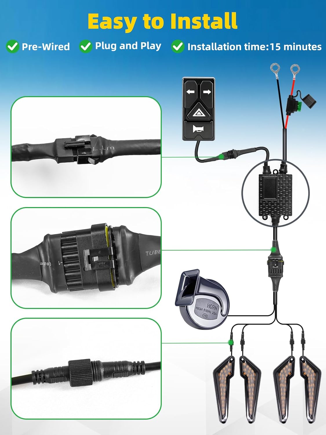 UTV Turn Signal Kit with 110D Horn, Pre-Wired, Plug & Play UTV Universal Street Legal Blinker kit with Integrated Rocker Switch, Compatible with Polaris, Can-Am, CFMOTO for Side By Side
