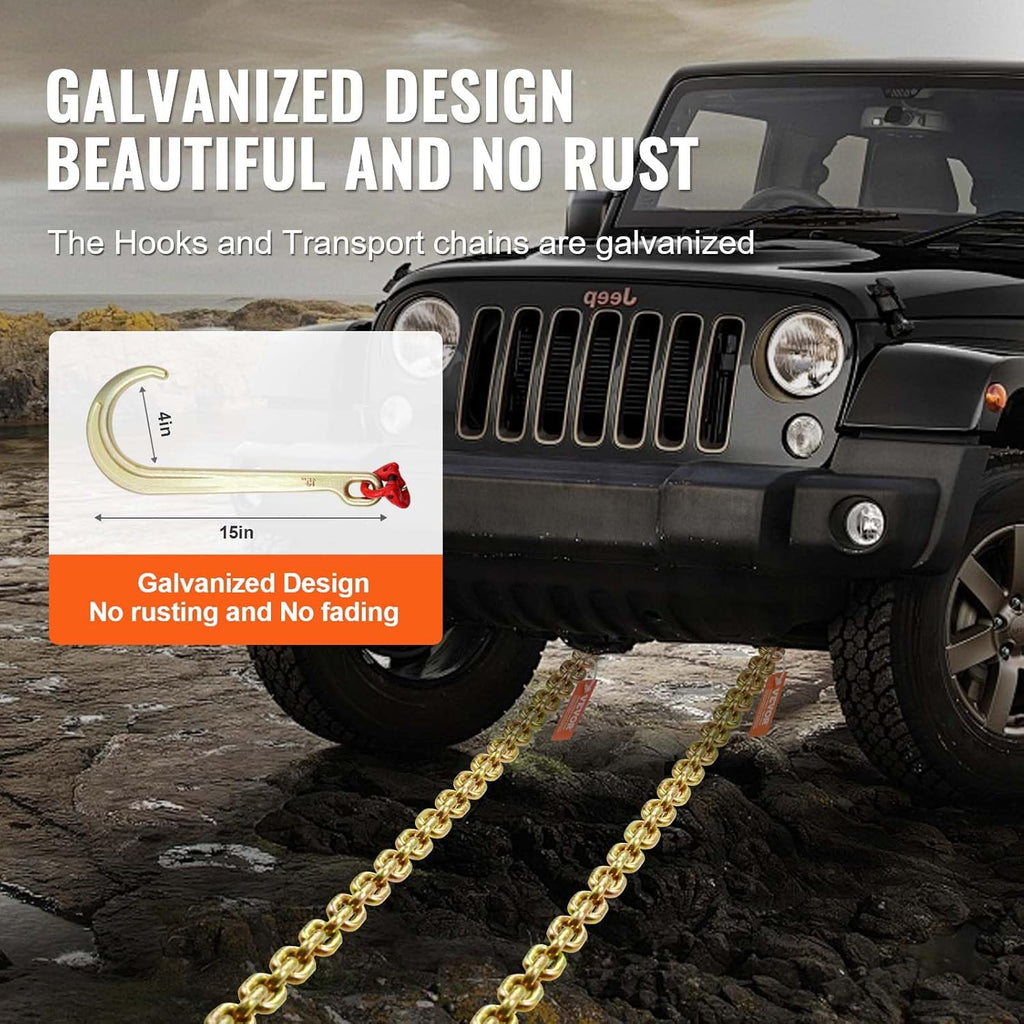 VEVOR J Hook Chain, 2PCS 5/16" x 6' G80 15" Long Shank J Hook Tow Chain with RTJ Cluster Hook & Grab Hook, 5400 lbs Working Load, Heavy Duty Transport Truck Chain for Wrecker Recovery Trailer Towing