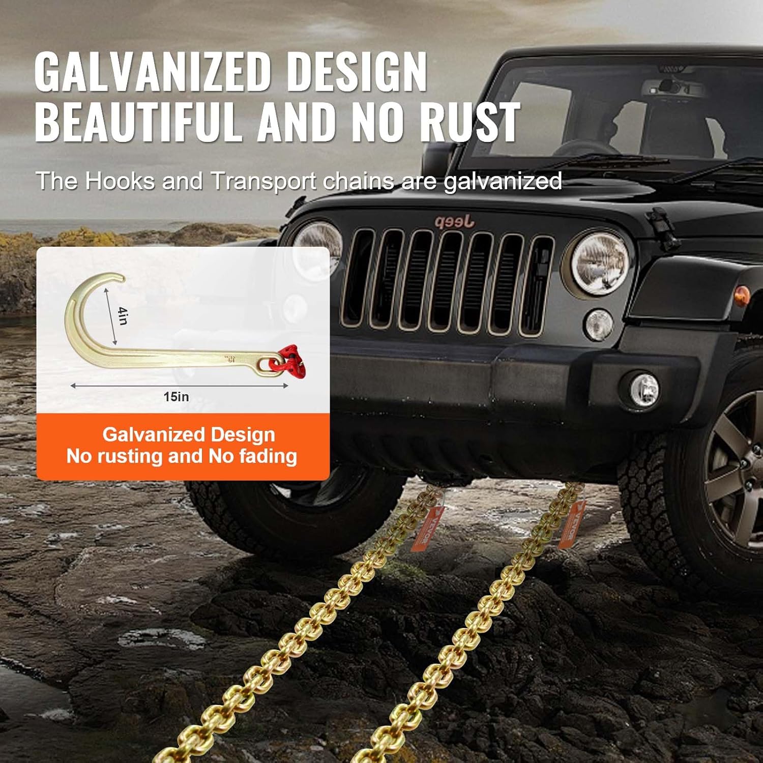 VEVOR J Hook Chain, 2PCS 5/16" x 6' G80 15" Long Shank J Hook Tow Chain with RTJ Cluster Hook & Grab Hook, 5400 lbs Working Load, Heavy Duty Transport Truck Chain for Wrecker Recovery Trailer Towing