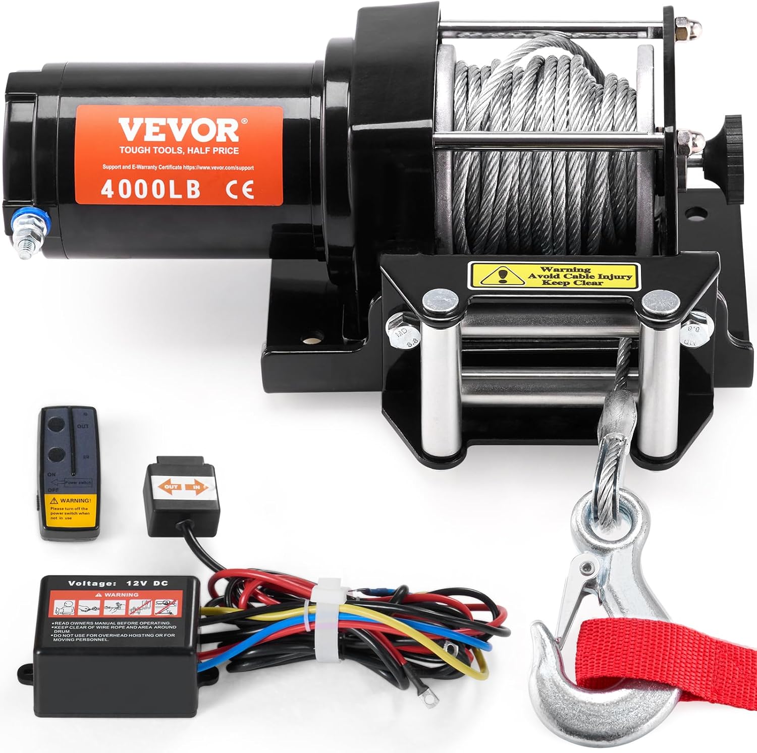 VEVOR ATV Winch, 3000 lb Electric Winch, 12V Small ATV UTV Winch with 3/16 in x 39 ft Steel Cable Roller Fairlead Wired Remote Control, IP55 Waterproof for Towing UTV ATV Car Vehicle Off-Road