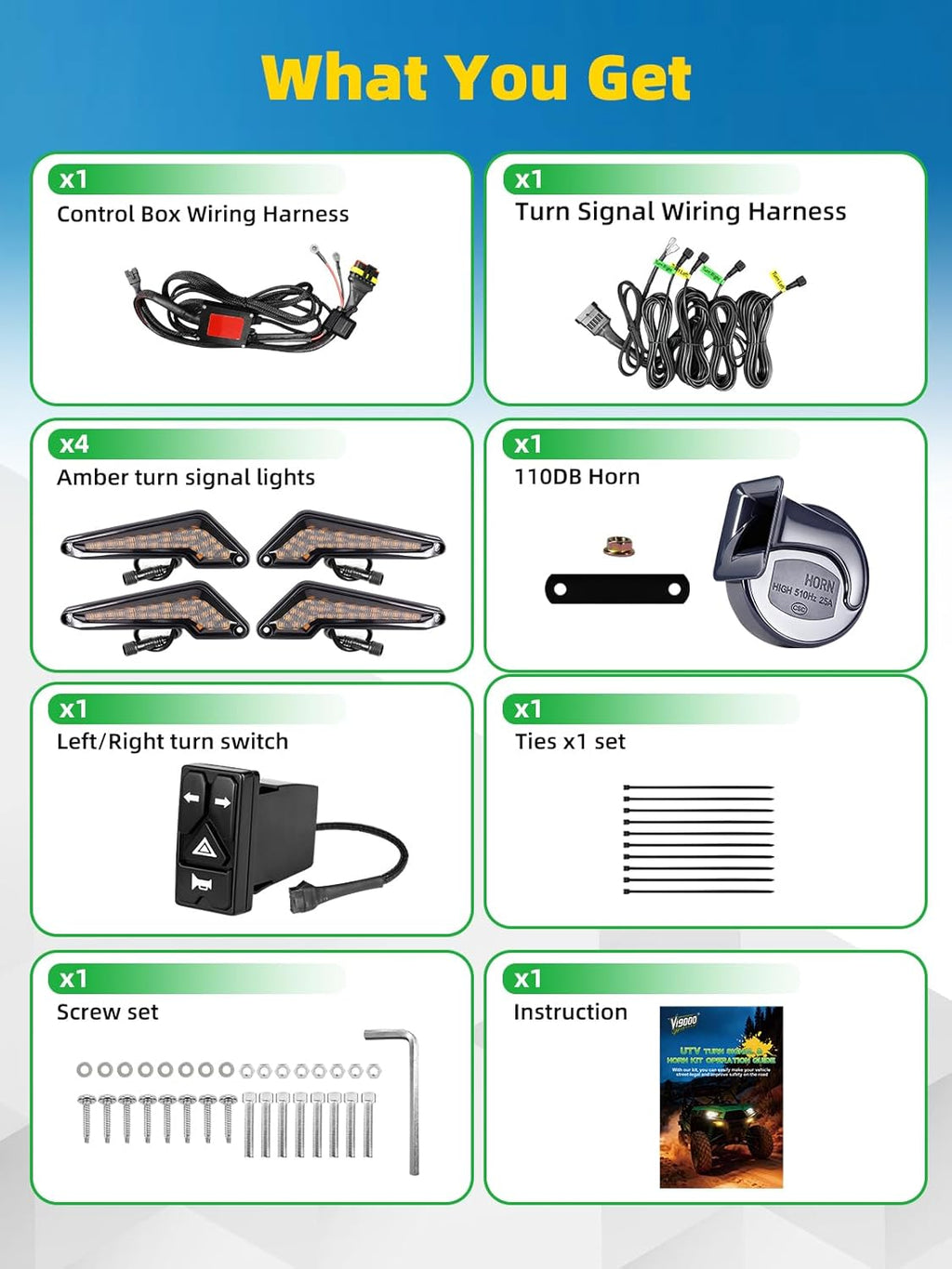 UTV Turn Signal Kit with 110D Horn, Pre-Wired, Plug & Play UTV Universal Street Legal Blinker kit with Integrated Rocker Switch, Compatible with Polaris, Can-Am, CFMOTO for Side By Side