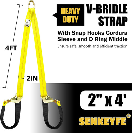 Axle V-Bridle Tow Strap, 2" x 4' Axle Tie Down Straps 4700LBS, with Snap Hooks Cordura Sleeve and Axle Straps, D Ring Middle, ATV Car Truck Recovery Tow Trailer Strap