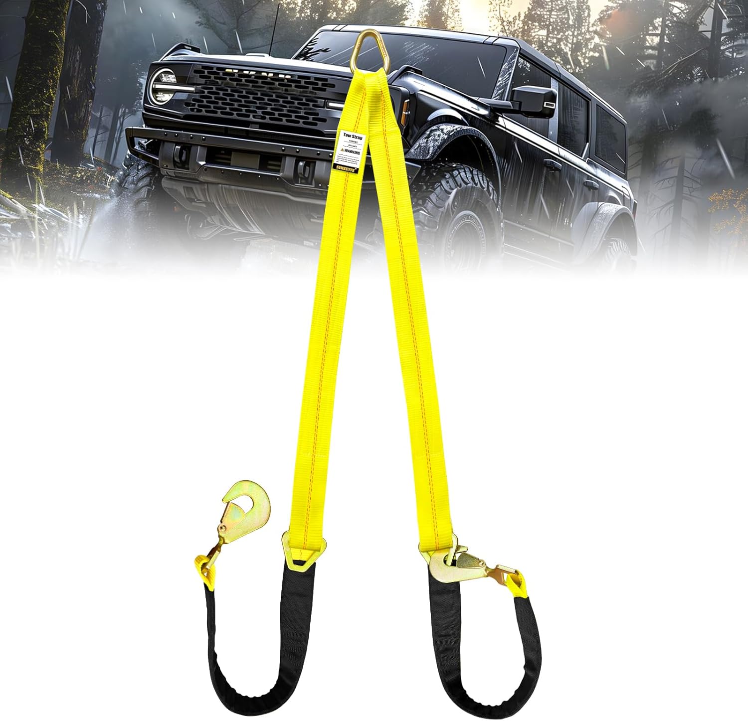 Axle V-Bridle Tow Strap, 2" x 4' Axle Tie Down Straps 4700LBS, with Snap Hooks Cordura Sleeve and Axle Straps, D Ring Middle, ATV Car Truck Recovery Tow Trailer Strap
