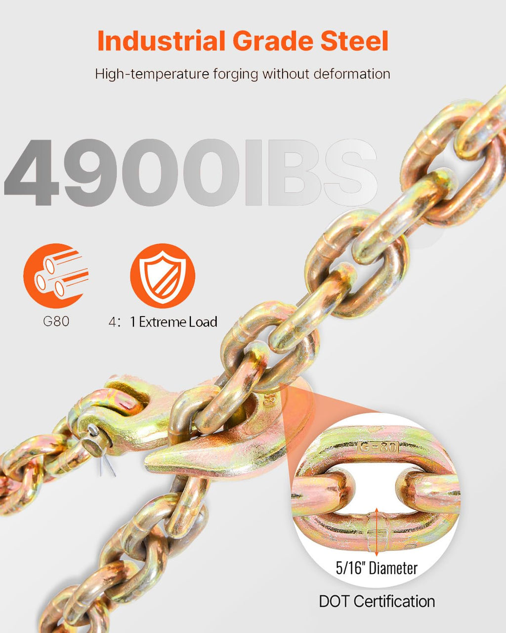 VEVOR Transport Binder Chain, 4900lbs Working Load Limit, 5/16''x20' G80 Tow Chain Tie Down with Grab Hooks, DOT Certified, Galvanized Coating Manganese Steel for Dock Factory Construction Site, 2Pack