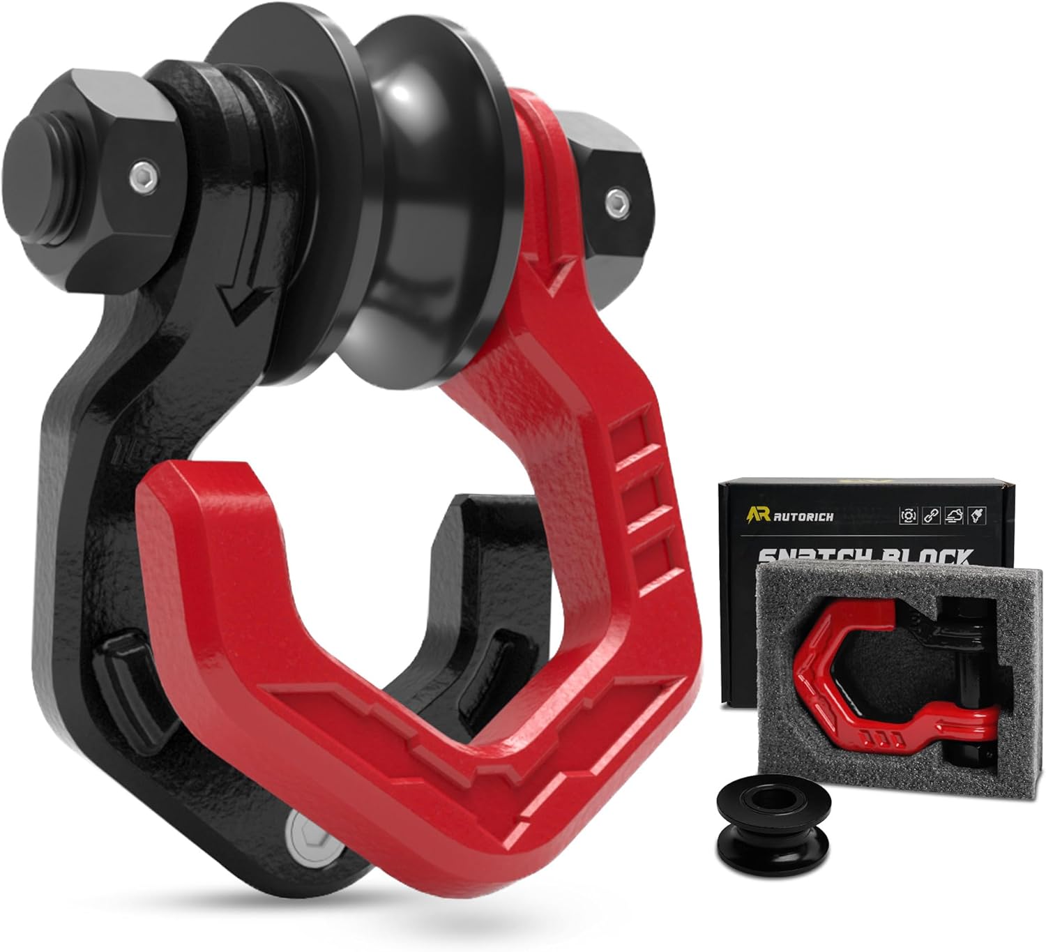 Snatch Block Separate Shackle, 3/4" D Ring Shackle with Pulley, 57320lbs Break Strength, Towing Winch Snatch Block for Off Road Vehicle Recovery, Red Black 1-Pack