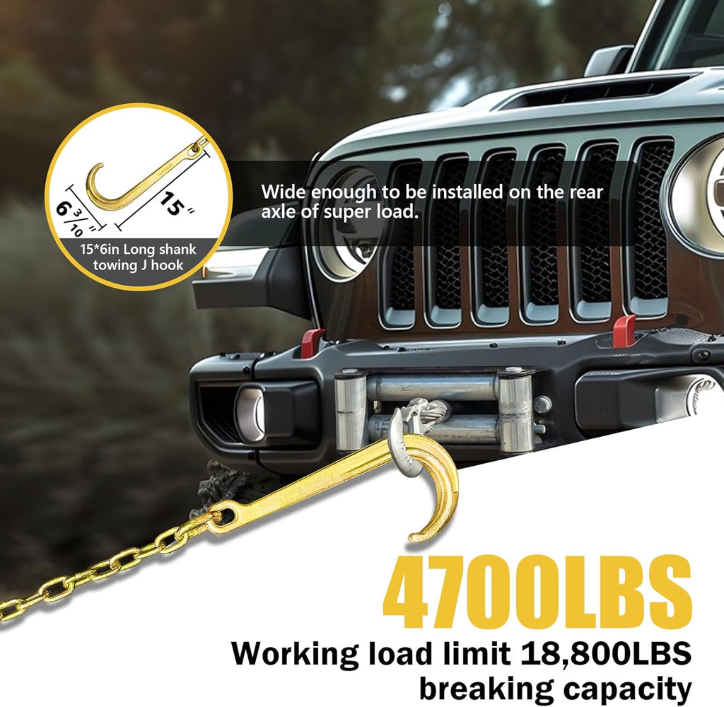 G80 j Hooks Tow Chain, 5/16" x 8' Recovery Tow Hooks Chain 15IN J Hook w/RTJ & Grab Hook, 18800LBS Tow Truck Accessories J Hooks, Bridle Tow Transport Chain, Wrecker Towing Truck Equipment