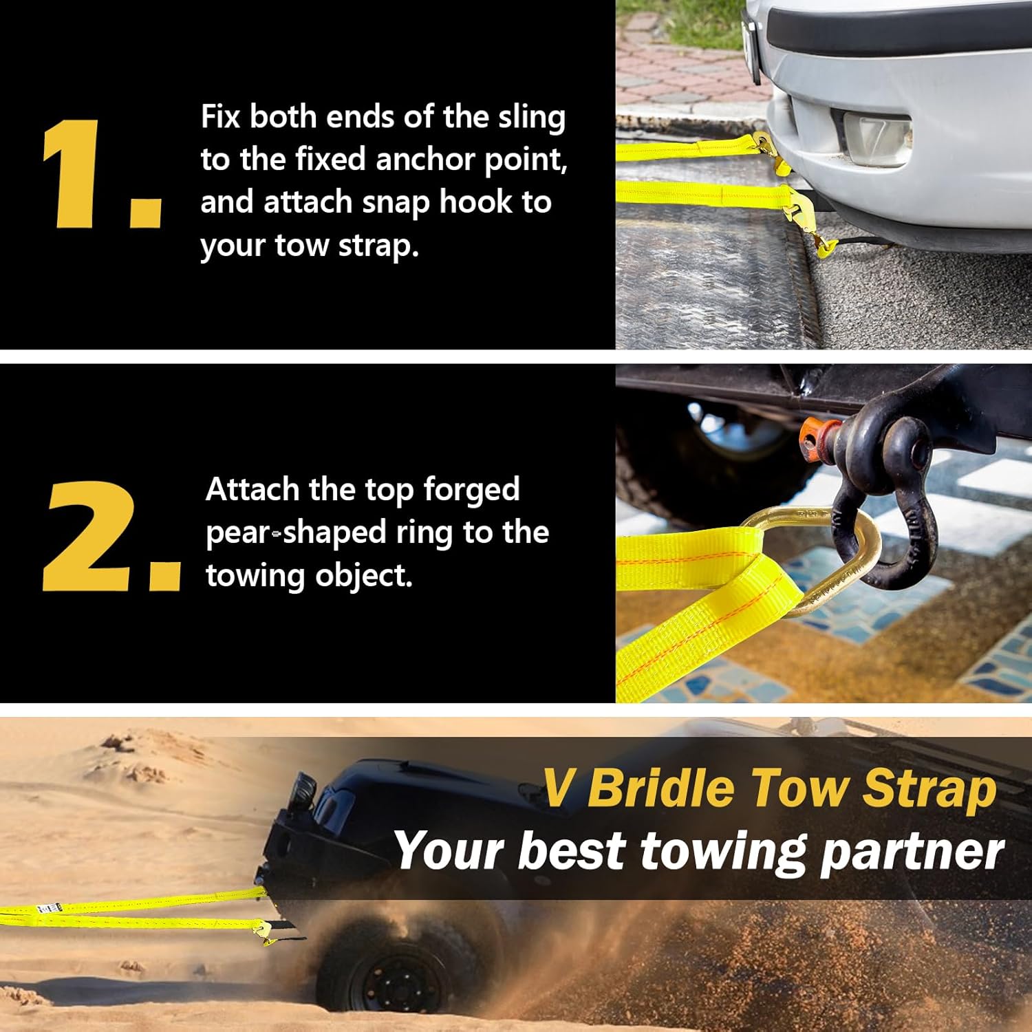 Axle V-Bridle Tow Strap, 2" x 4' Axle Tie Down Straps 4700LBS, with Snap Hooks Cordura Sleeve and Axle Straps, D Ring Middle, ATV Car Truck Recovery Tow Trailer Strap