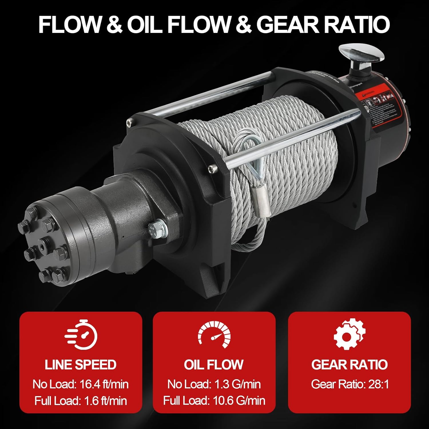 Hydraulic Winch 15000LBS,2/5"x78FT Steel Cable - BMR80 Motor, 36:1 Gear Ratio - Great for Wreckers, Trailers & Vehicle Recovery (78FT Steel Rope/15,000 LBS)