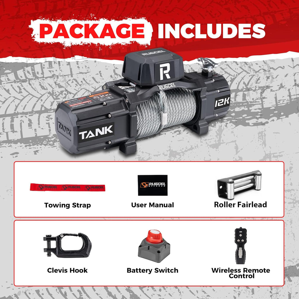 RUGCEL 12000lb New Waterproof Electric Steel Rope Winch 12V with Hawse Fairlead,2 in 1 Wireless Remote Control, Wired Control,for Truck SUV,Jeep Trailer Winch
