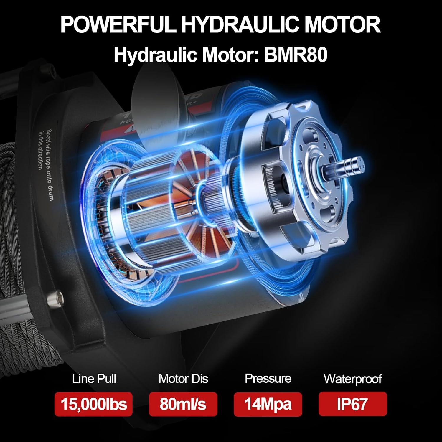 Hydraulic Winch 15000LBS,2/5"x78FT Steel Cable - BMR80 Motor, 36:1 Gear Ratio - Great for Wreckers, Trailers & Vehicle Recovery (78FT Steel Rope/15,000 LBS)