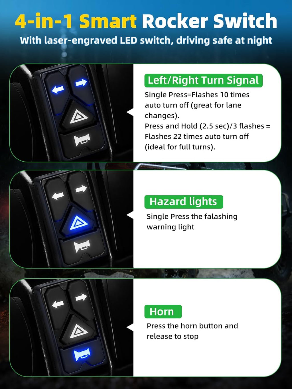 UTV Turn Signal Kit with 110D Horn, Pre-Wired, Plug & Play UTV Universal Street Legal Blinker kit with Integrated Rocker Switch, Compatible with Polaris, Can-Am, CFMOTO for Side By Side