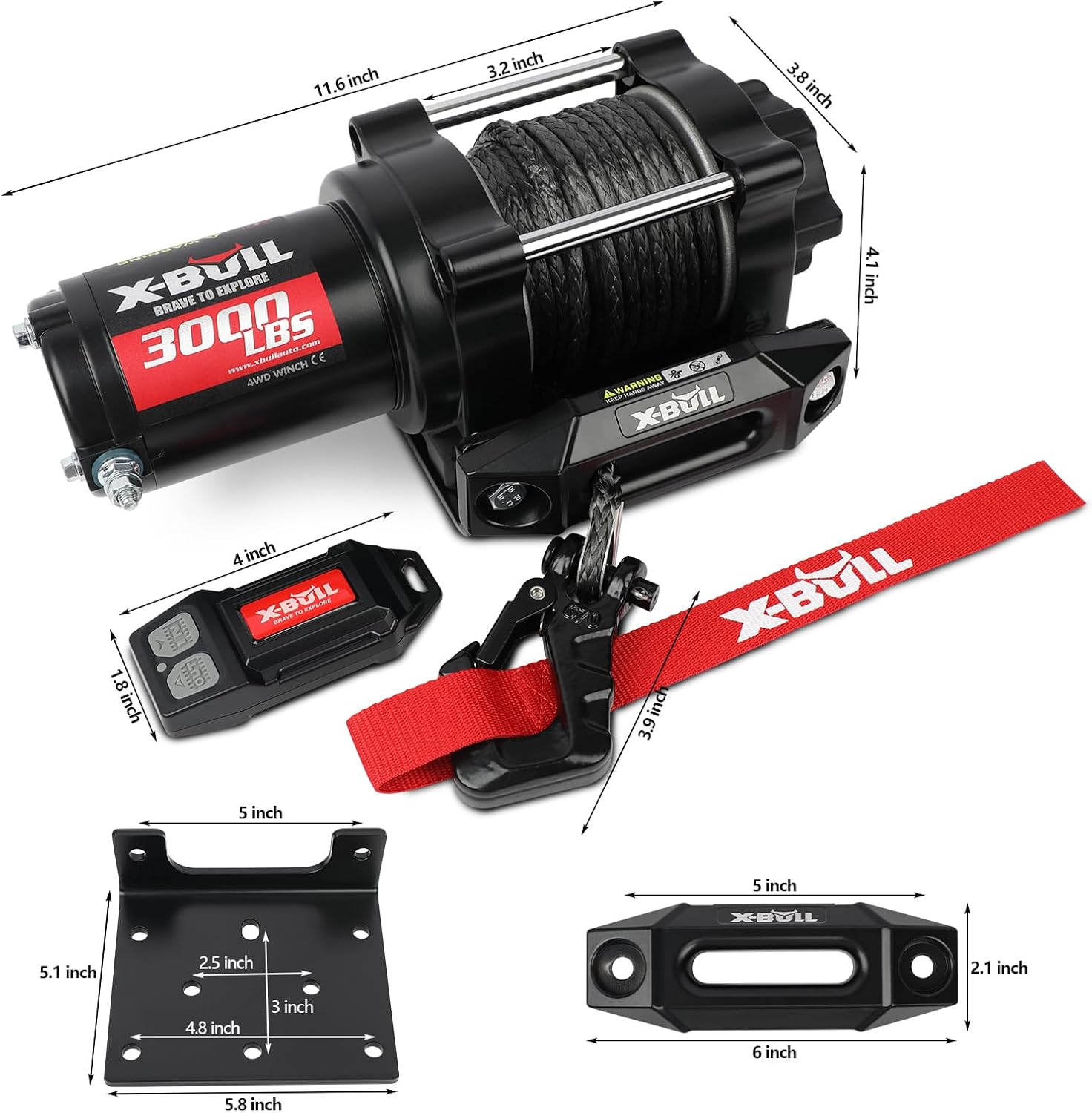 X-BULL New 12V DC 3000LBS IP68 Waterproof Electric Winch for Towing ATV/UTV, Boat, Off Road, Wireless Remote and Corded Control Recovery, Portable Synthetic Rope Electric Winch with Hawse Fairlead.