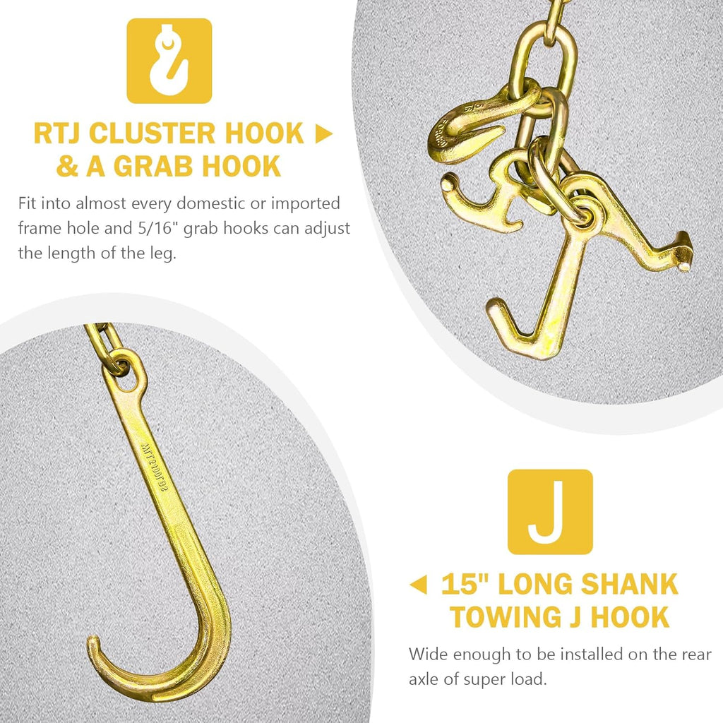 G80 j Hooks Tow Chain, 5/16" x 8' Recovery Tow Hooks Chain 15IN J Hook w/RTJ & Grab Hook, 18800LBS Tow Truck Accessories J Hooks, Bridle Tow Transport Chain, Wrecker Towing Truck Equipment
