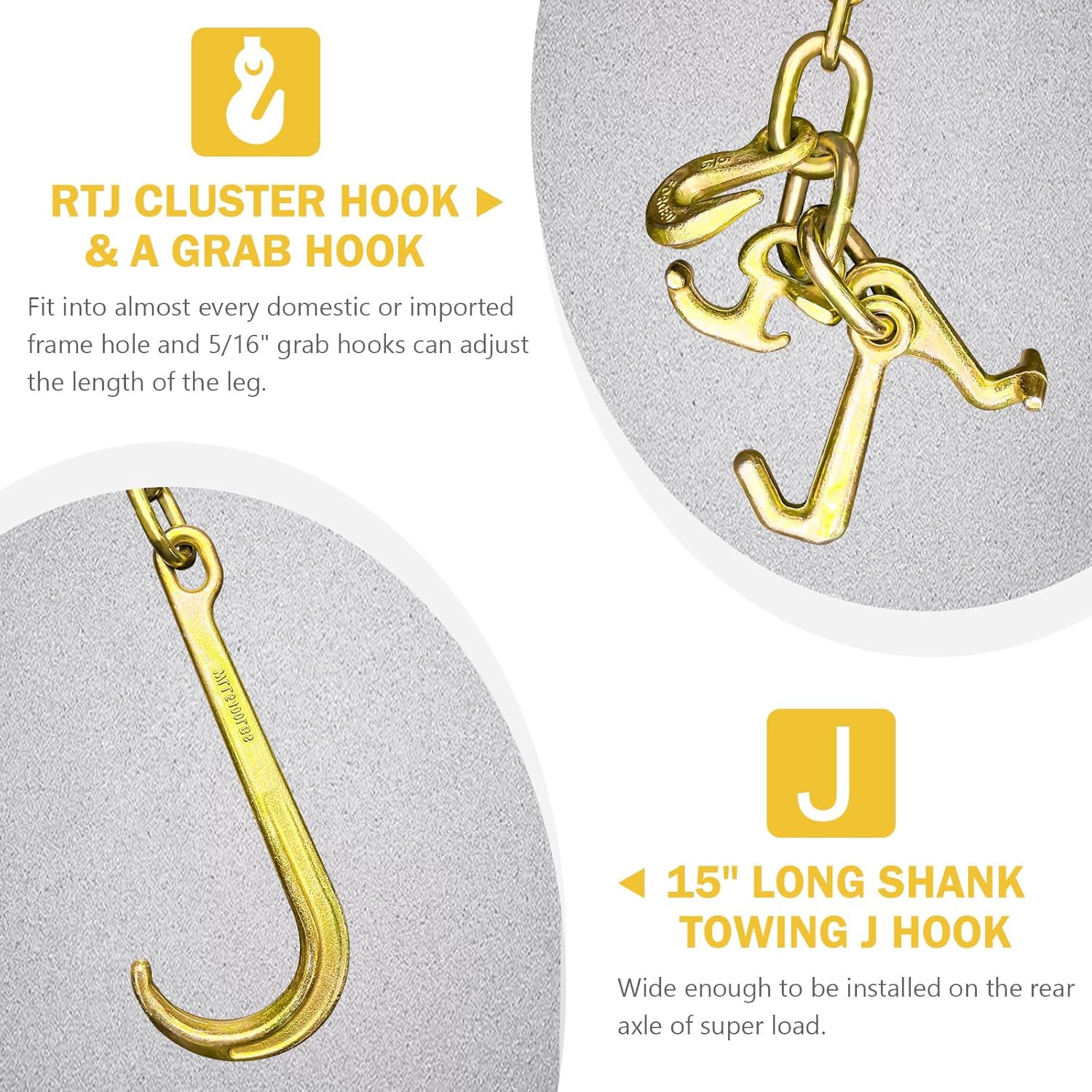 G80 j Hooks Tow Chain, 5/16" x 8' Recovery Tow Hooks Chain 15IN J Hook w/RTJ & Grab Hook, 18800LBS Tow Truck Accessories J Hooks, Bridle Tow Transport Chain, Wrecker Towing Truck Equipment