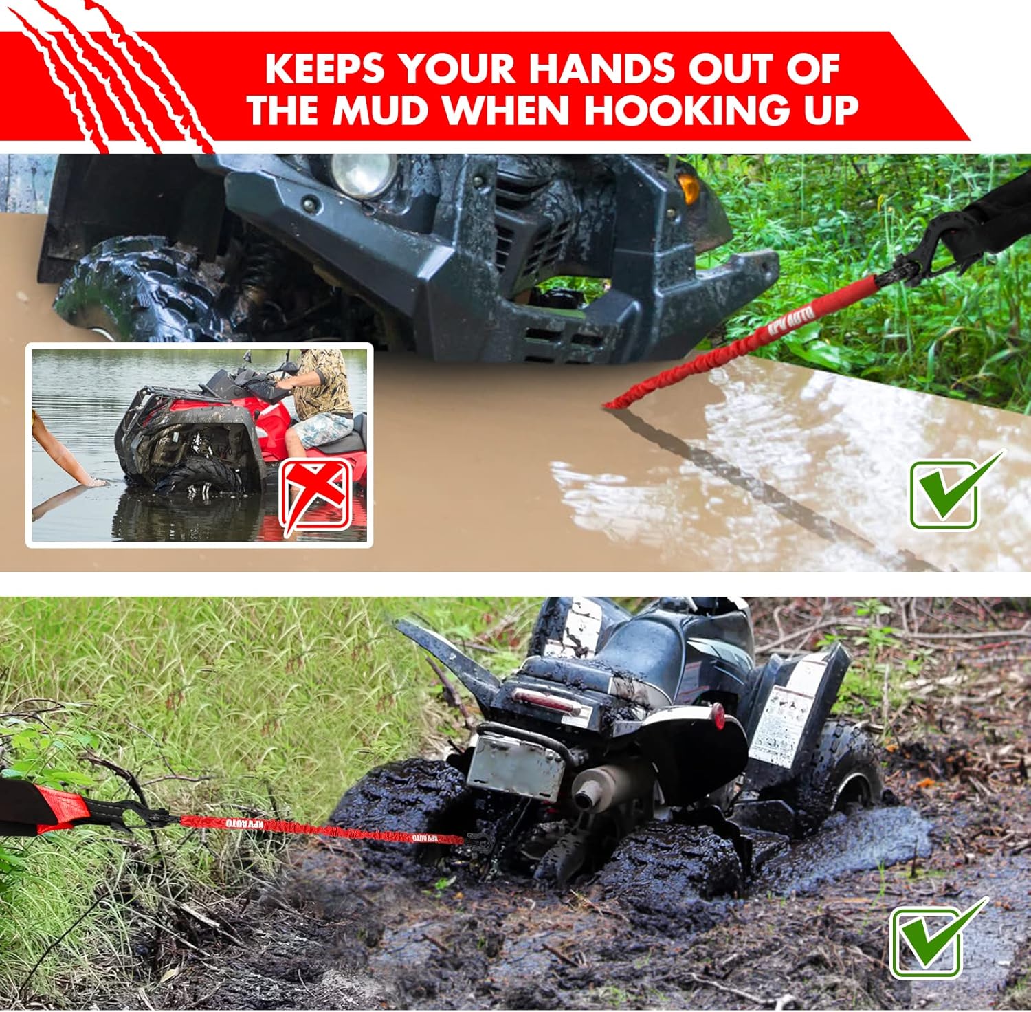 Recovery Strap (18,000lb.) 2FT with Winch Hook and D-Ring Shackle Synthetic Tow Recovery Rope for ATV Mud Recovery