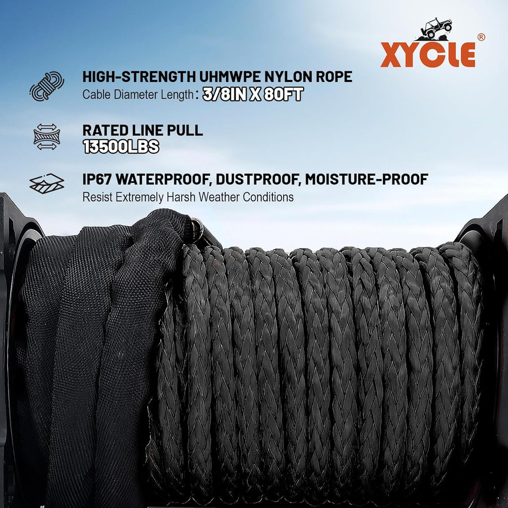 Winch13500lbs 12V Waterproof Electric Winch Synthetic Rope Truck Winch Towing Winch Boat Trailer Winch SUV 4-Wheel Drive Off-Road Vehicle with Remote Control 3/8 Synthetic Rope (Black)