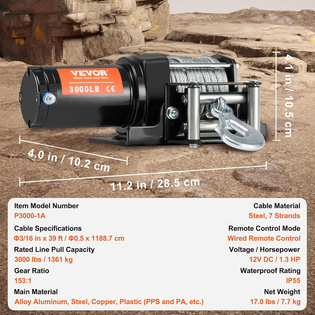 VEVOR ATV Winch, 3000 lb Electric Winch, 12V Small ATV UTV Winch with 3/16 in x 39 ft Steel Cable Roller Fairlead Wired Remote Control, IP55 Waterproof for Towing UTV ATV Car Vehicle Off-Road