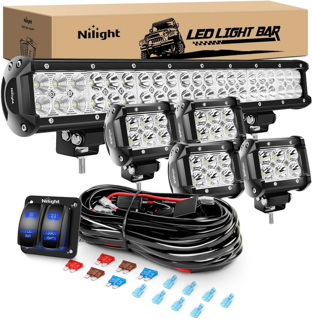 Nilight 20Inch 126W Spot Flood Combo Led Light Bar 4PCS 4Inch 18W Spot LED Pods Fog Lights with LED Light Bar Wiring Harness Kit for Truck Tractor Off-Road Pickup Golf Cart SUV ATV UTV 4x4 Van Camper